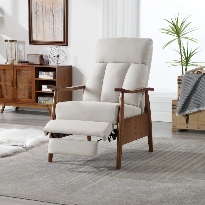 Upholstered Recliner Chair with Adjustable Footrest and Solid Wood Frame