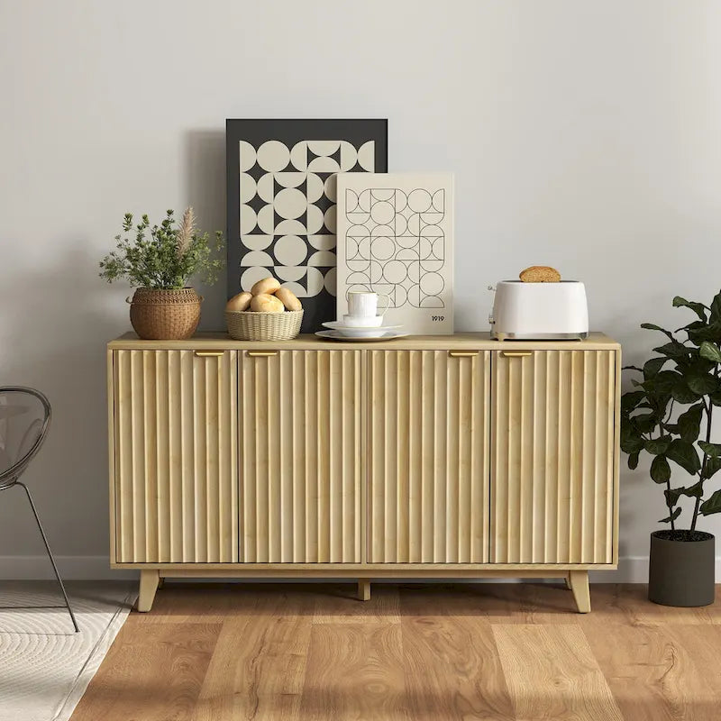 55" Fluted Sideboard Buffet Cabinet with 4 Doors, 2 Adjustable Shelves and 5 Wood Legs