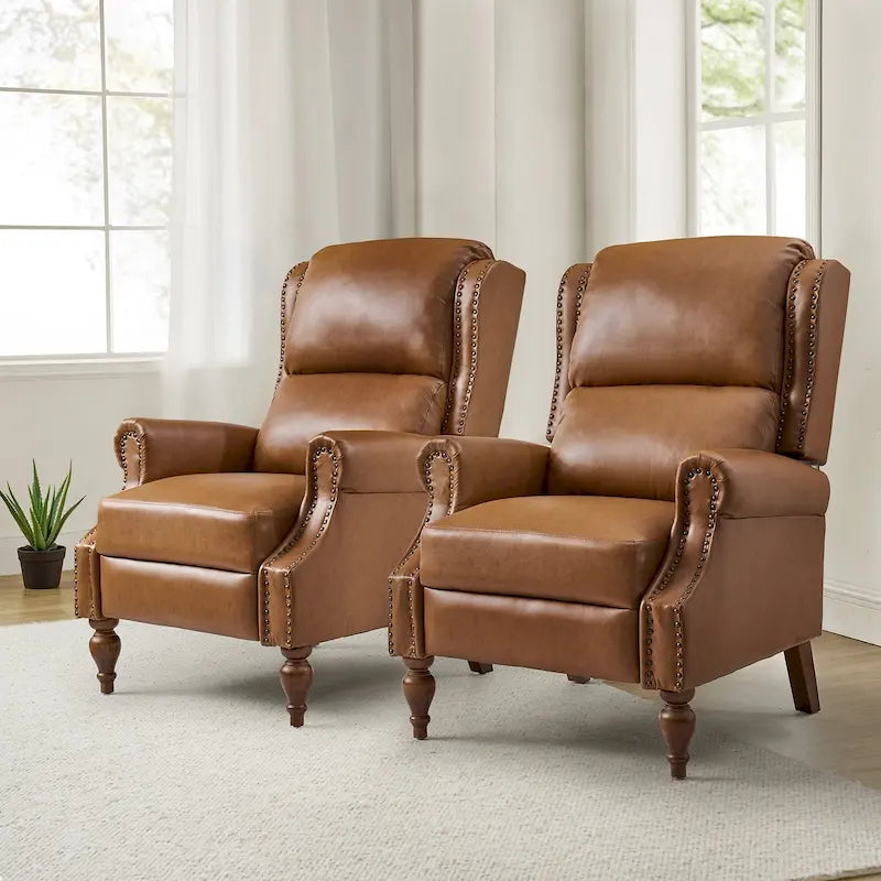 Juego de 2 sillones reclinables manuales tradicionales de cuero vegano con empuje hacia atrás