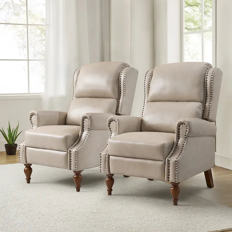 Juego de 2 sillones reclinables manuales tradicionales de cuero vegano con empuje hacia atrás