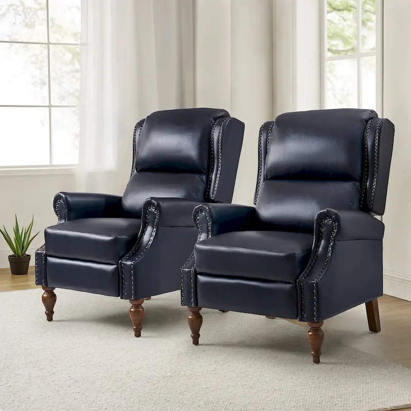 Juego de 2 sillones reclinables manuales tradicionales de cuero vegano con empuje hacia atrás