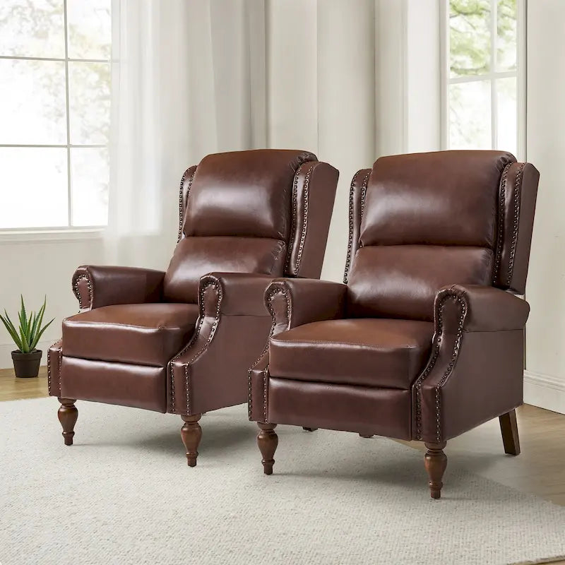 Juego de 2 sillones reclinables manuales tradicionales de cuero vegano con empuje hacia atrás