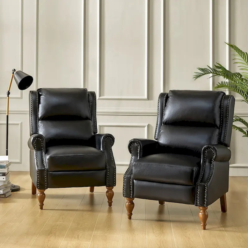 Juego de 2 sillones reclinables manuales tradicionales de cuero vegano con empuje hacia atrás