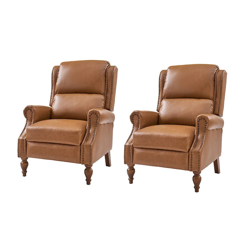 Juego de 2 sillones reclinables manuales tradicionales de cuero vegano con empuje hacia atrás