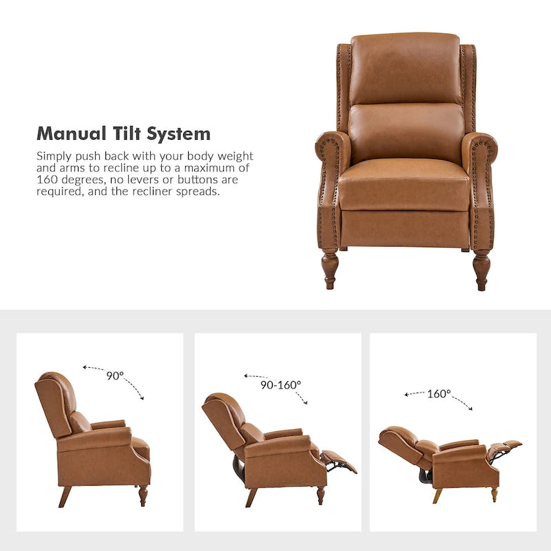 Juego de 2 sillones reclinables manuales tradicionales de cuero vegano con empuje hacia atrás