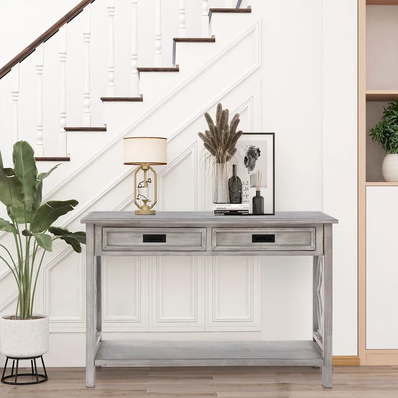 2-Drawer 1-Shelf Console Table with Grey Washed Finish, 32.7"H x 47.2"W x 13.8"D