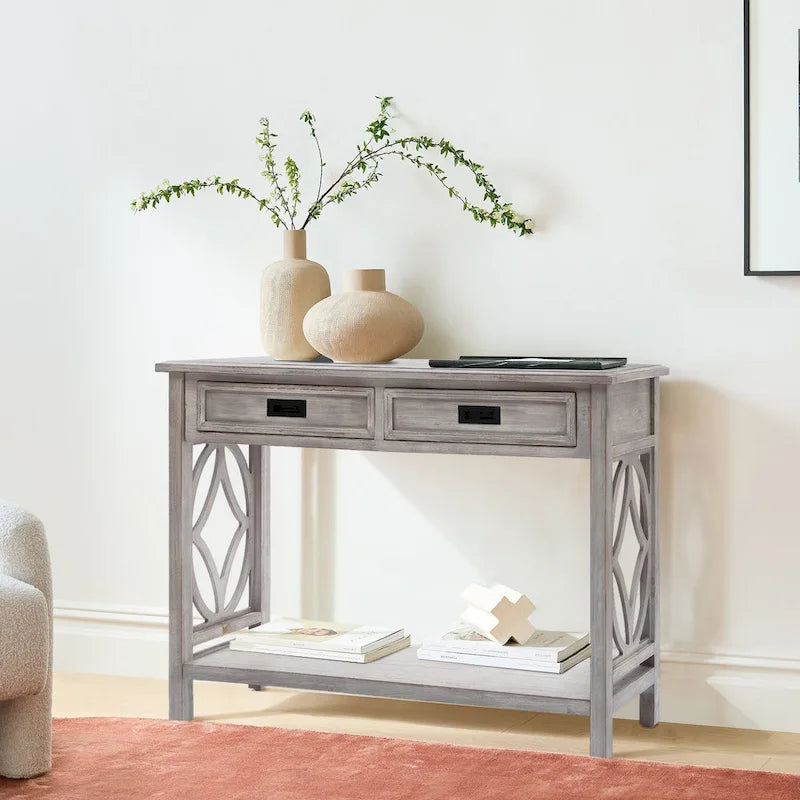 2-Drawer 1-Shelf Console Table with Grey Washed Finish, 32.7"H x 47.2"W x 13.8"D