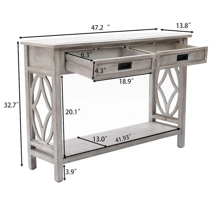 2-Drawer 1-Shelf Console Table with Grey Washed Finish, 32.7"H x 47.2"W x 13.8"D