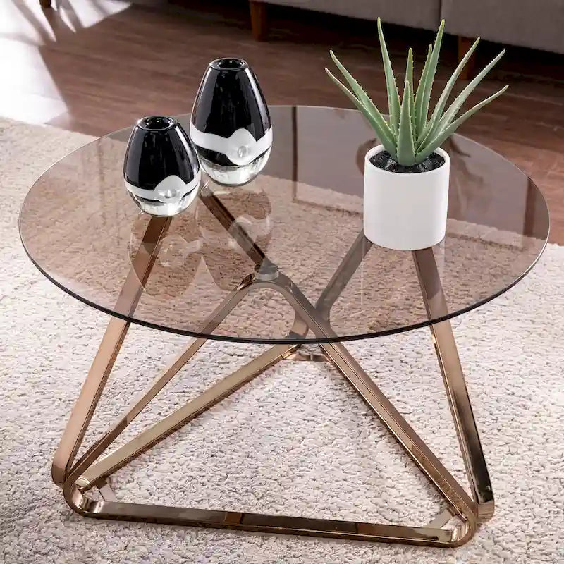 Round Glass-Top Coffee Table with Geometric Metal Base