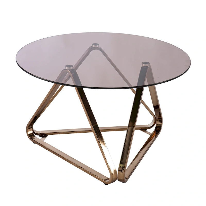 Round Glass-Top Coffee Table with Geometric Metal Base