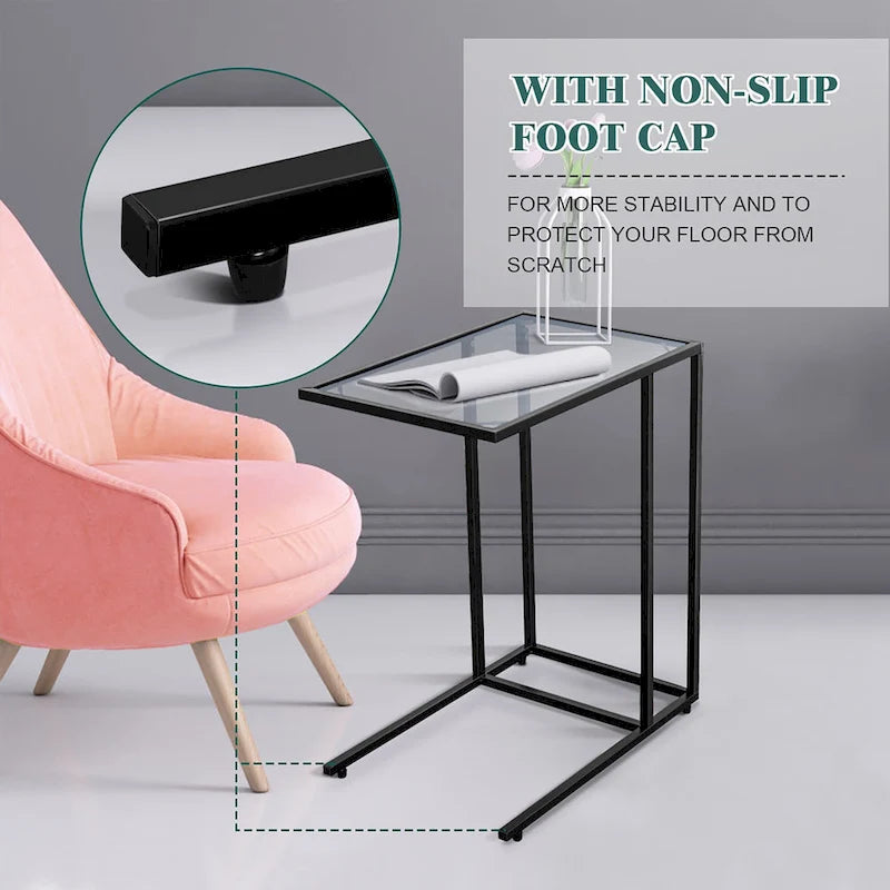C-Shaped Side Table with Tempered Glass Top