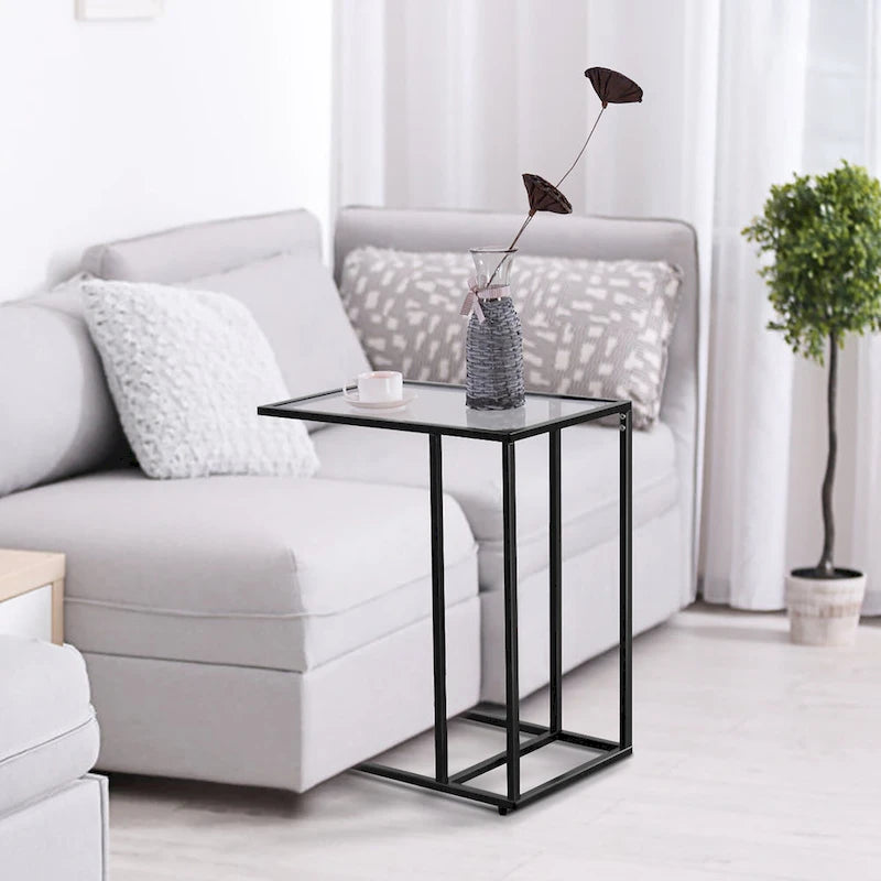 C-Shaped Side Table with Tempered Glass Top