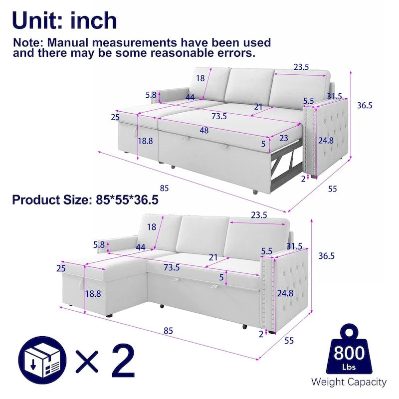 3-Seat Sleeper Sofa with Storage Chaise
