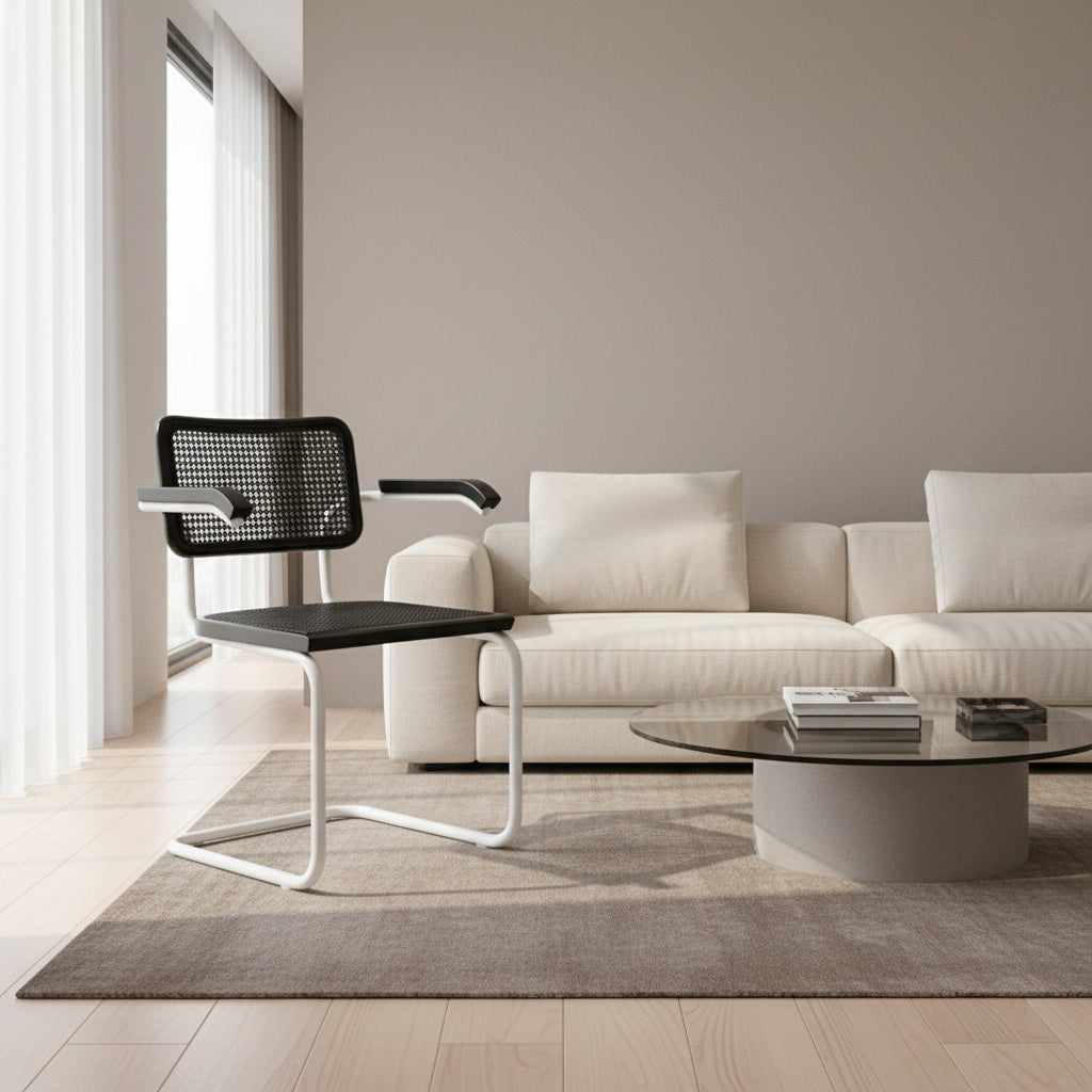 Cane Cantilever Armchair with White Steel Frame (Multiple Wood & Cane Color Options)