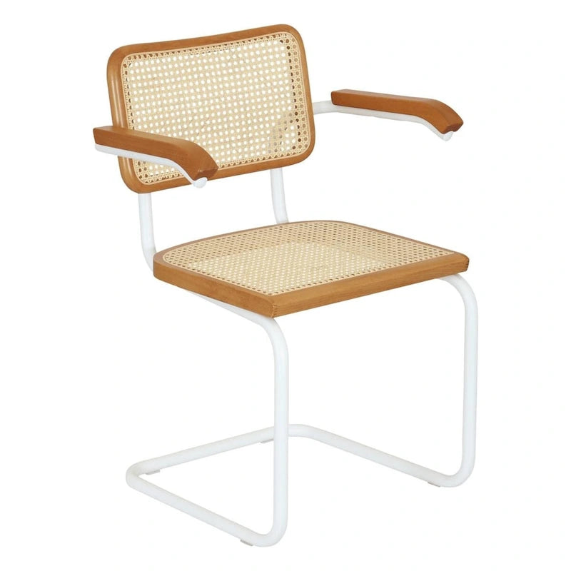 Cane Cantilever Armchair with White Steel Frame (Multiple Wood & Cane Color Options)