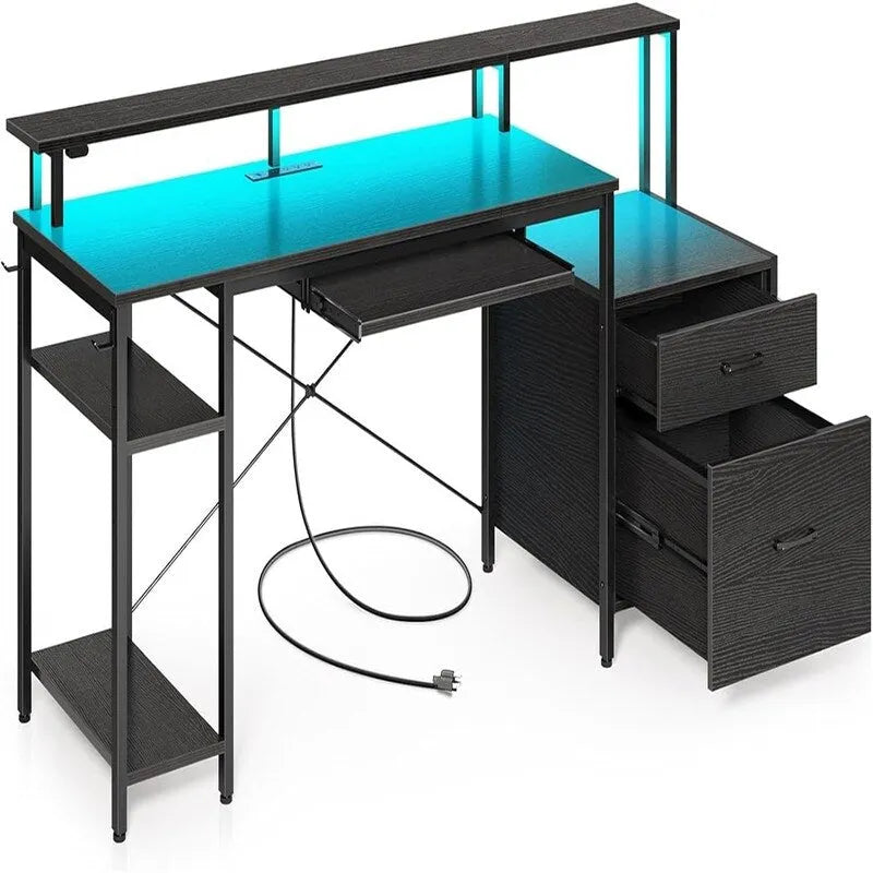 Escritorio para computadora de 65 pulgadas con cajón para archivos e iluminación LED
