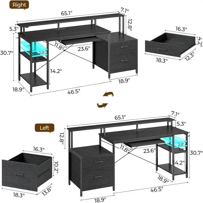 Escritorio para computadora de 65 pulgadas con cajón para archivos e iluminación LED