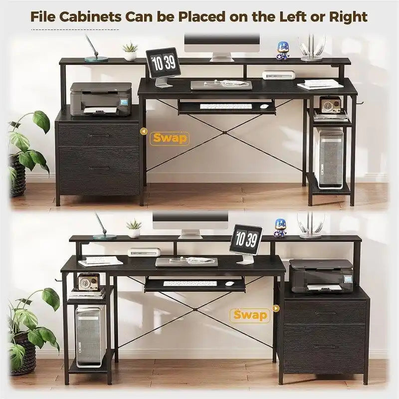 Escritorio para computadora de 65 pulgadas con cajón para archivos e iluminación LED