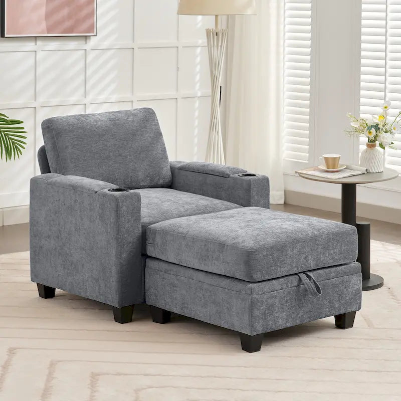 Chenille Single Sofa Chair with Hidden Storage and Removable Ottoman