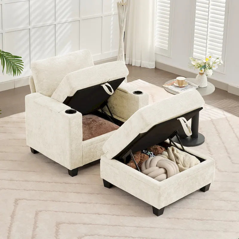Chenille Single Sofa Chair with Hidden Storage and Removable Ottoman