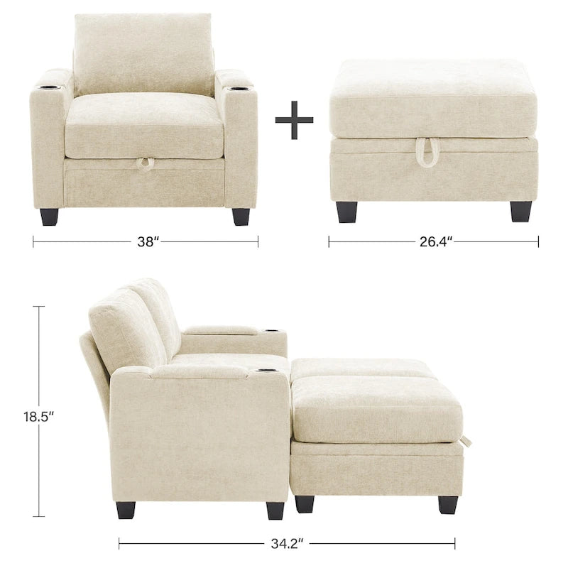 Chenille Single Sofa Chair with Hidden Storage and Removable Ottoman